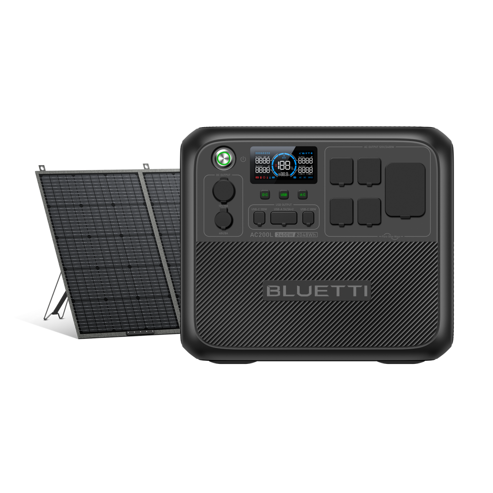 BLUETTI AC200L portable power station and PV420 solar panel for clean energy solutions.