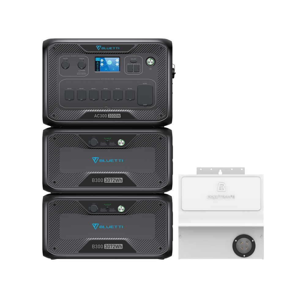 BLUETTI AC300 3000W power station with two B300 batteries & Pro/Tran 2 home integration kit.