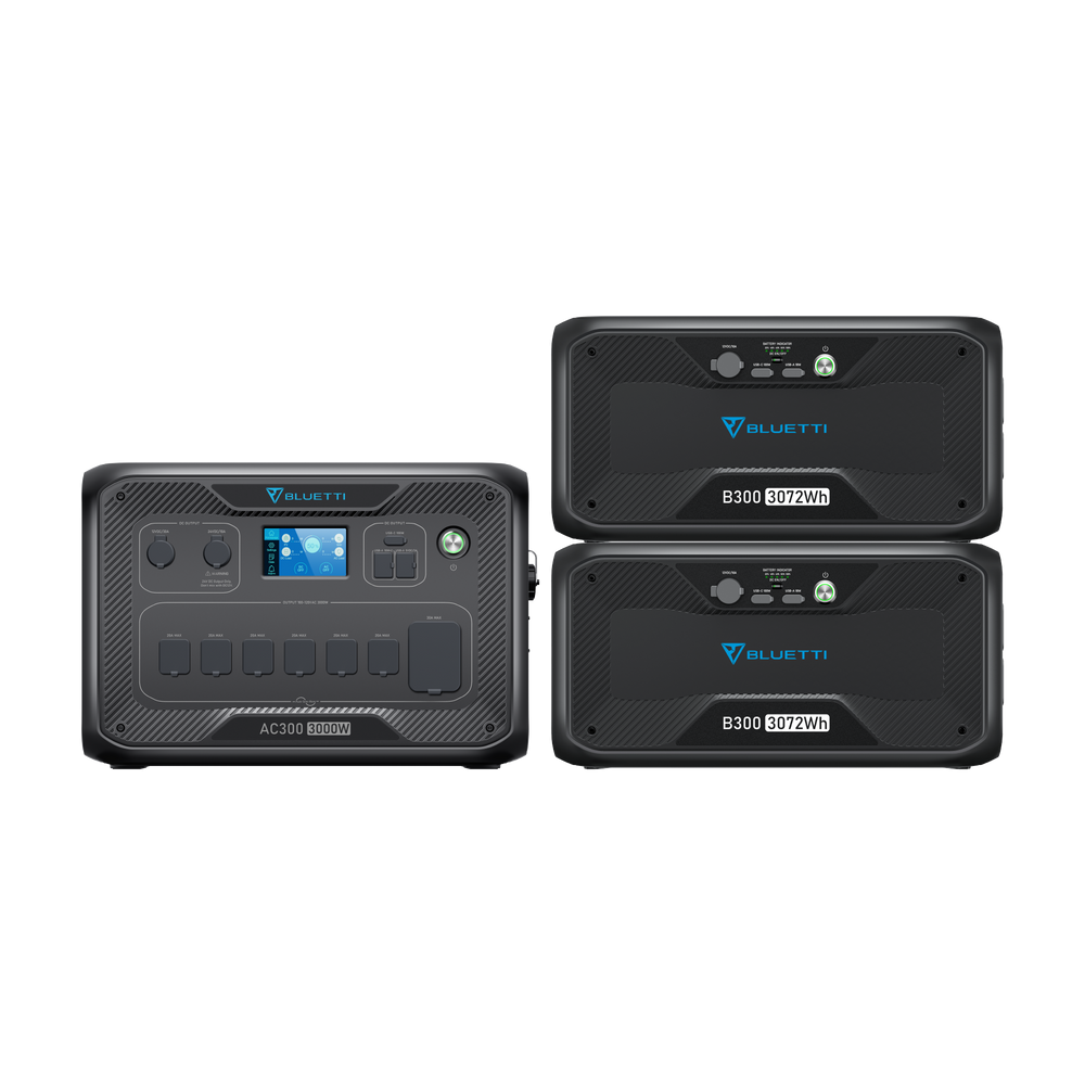 BLUETTI AC300 3000W power station with two B300 3072Wh batteries for home backup.