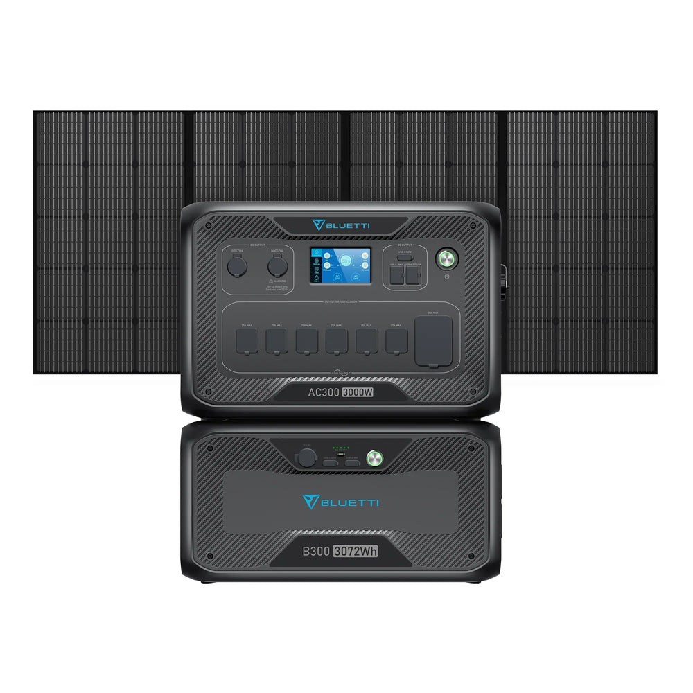 BLUETTI AC300 3000W modular power station, B300 battery & 2 PV350 solar panels for home backup.