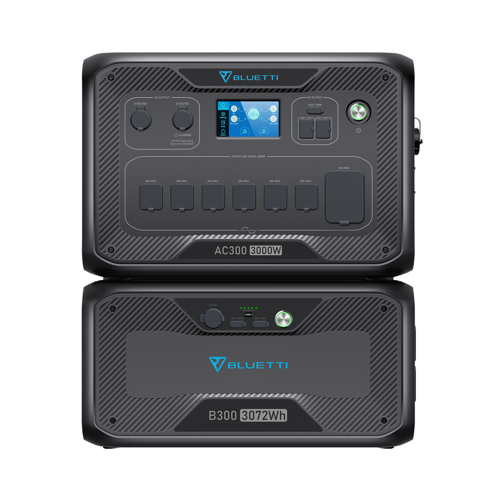 BLUETTI AC300 3000W home battery backup unit with B300 3072Wh battery module.