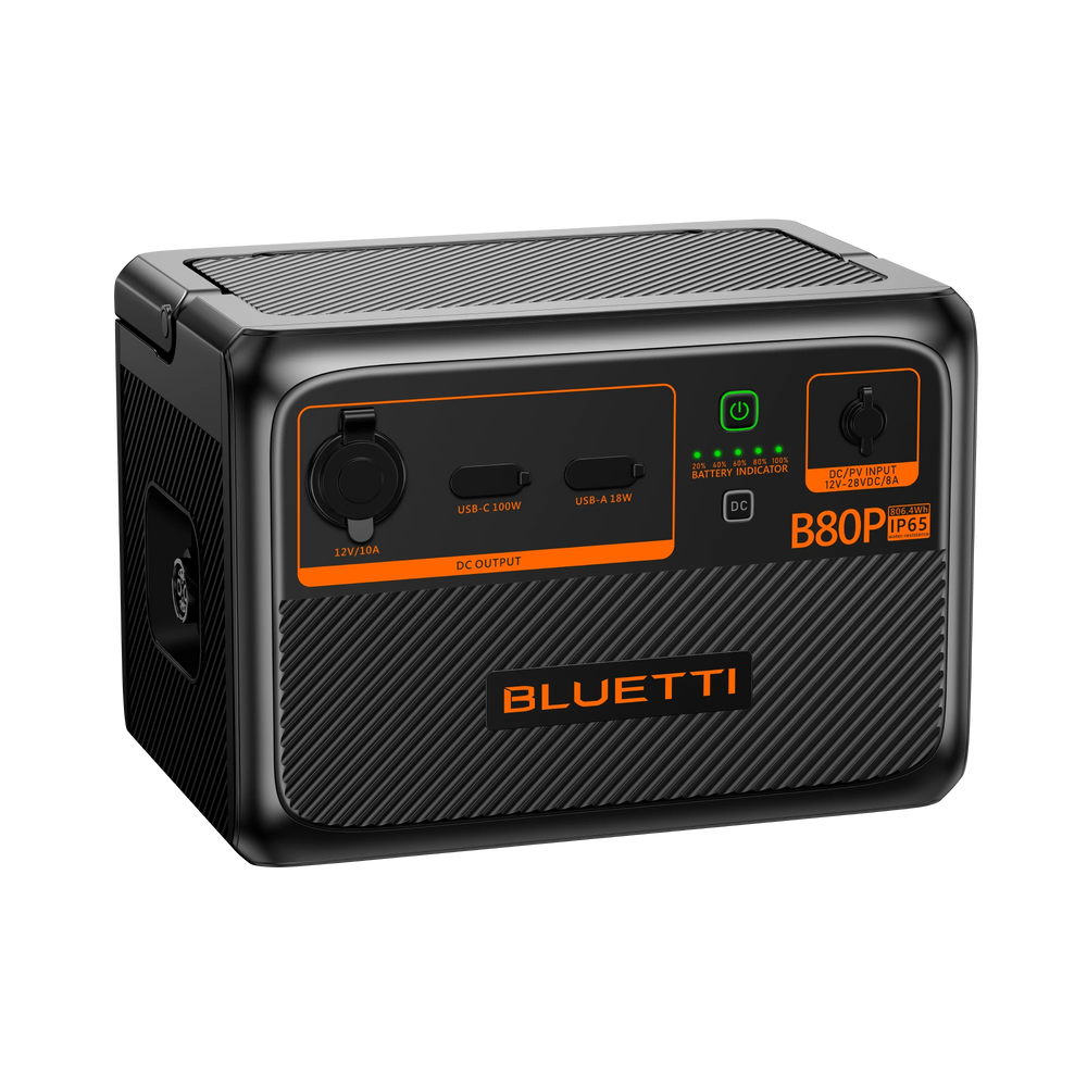 BLUETTI B80P 806Wh expansion battery, IP65 rated, featuring USB-C, USB-A, and DC outlets.