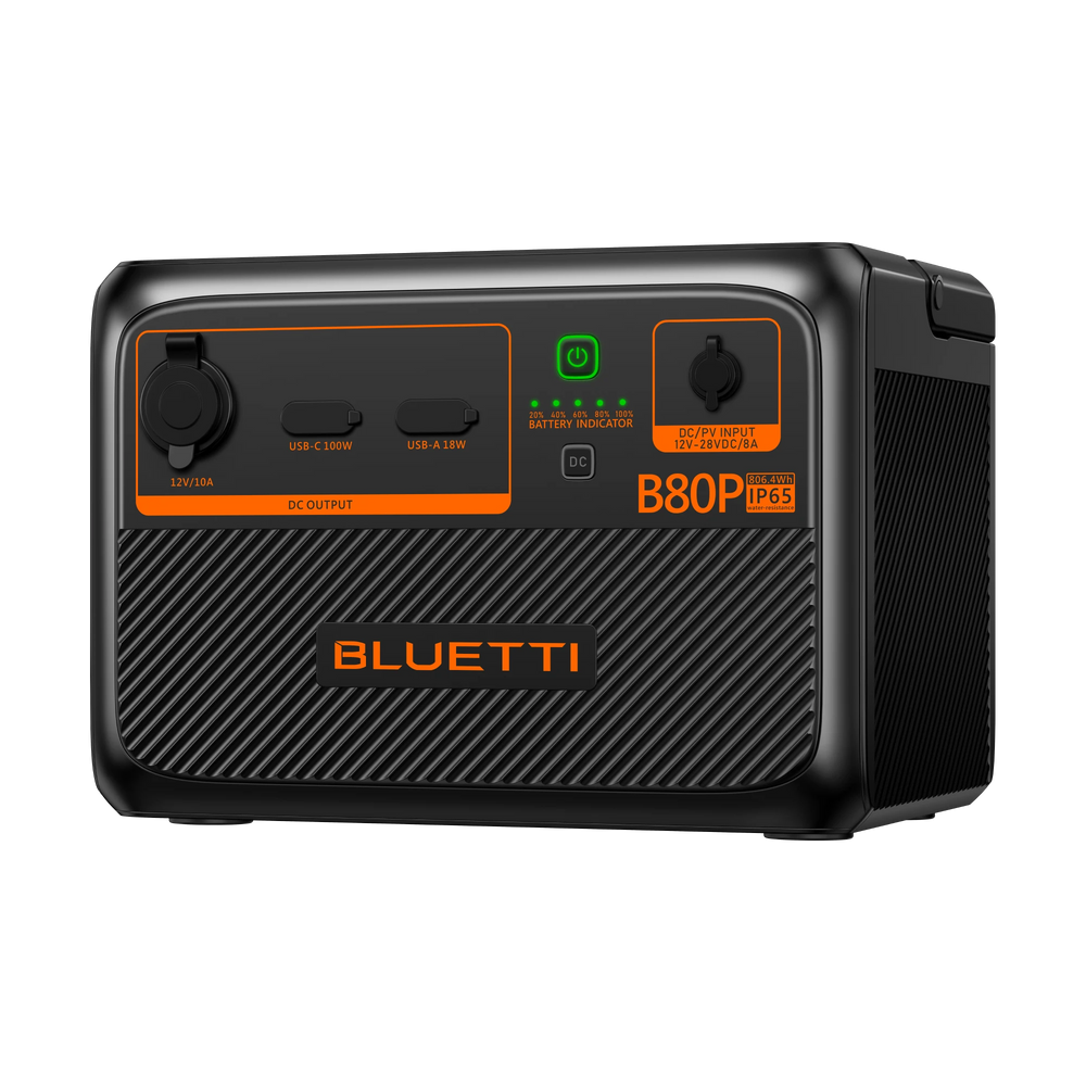 BLUETTI B80P 806Wh expansion battery: IP65, 100W USB-C, 18W USB-A, DC ports