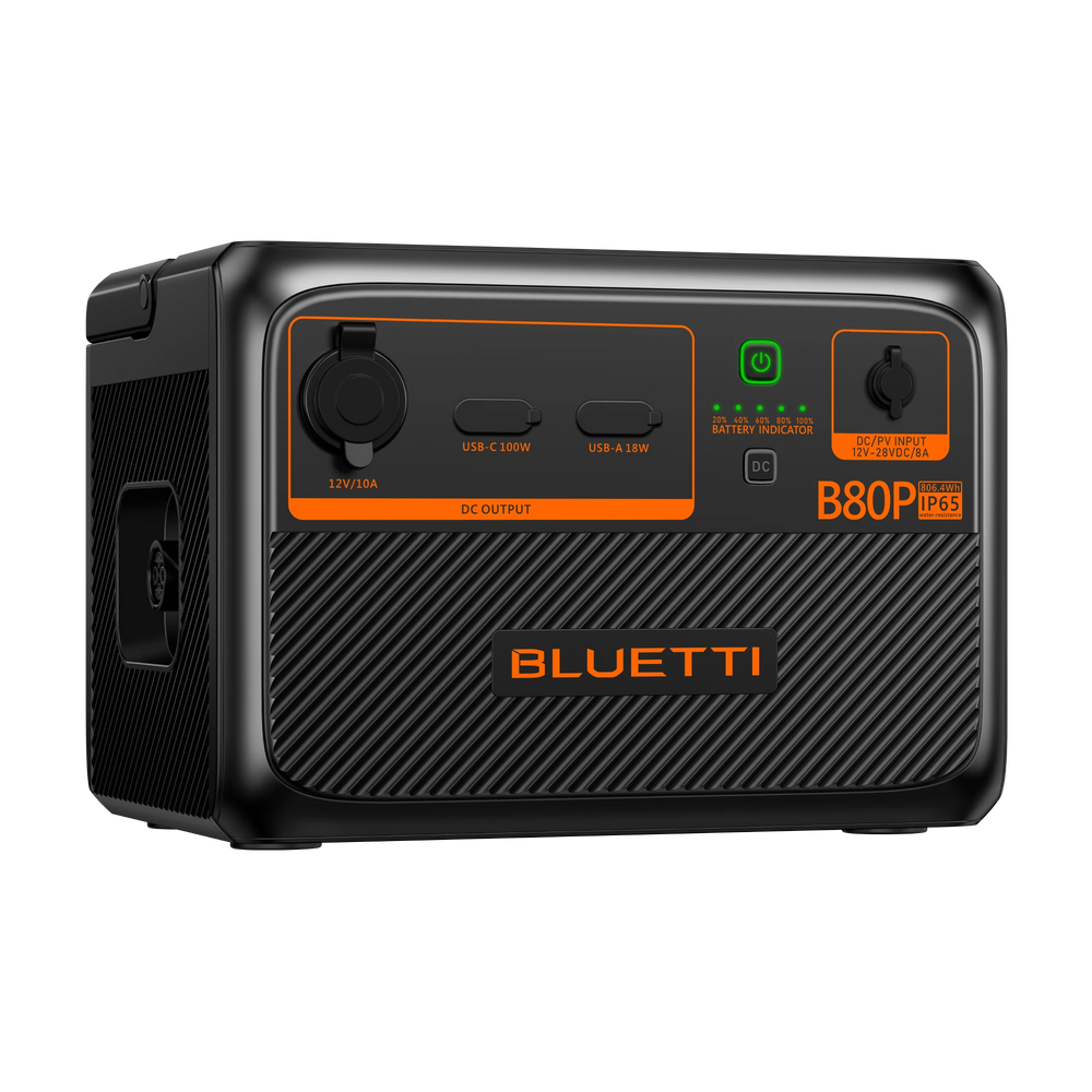 BLUETTI B80P 806Wh expansion battery: IP65, USB-C 100W, USB-A, and DC output ports.