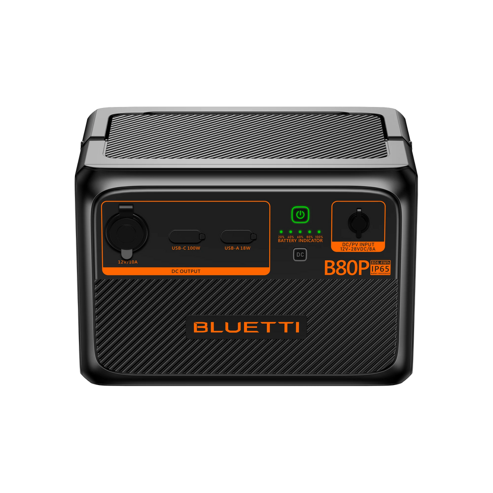 BLUETTI B80P 806Wh IP65 expansion battery with DC, USB-C, USB-A.