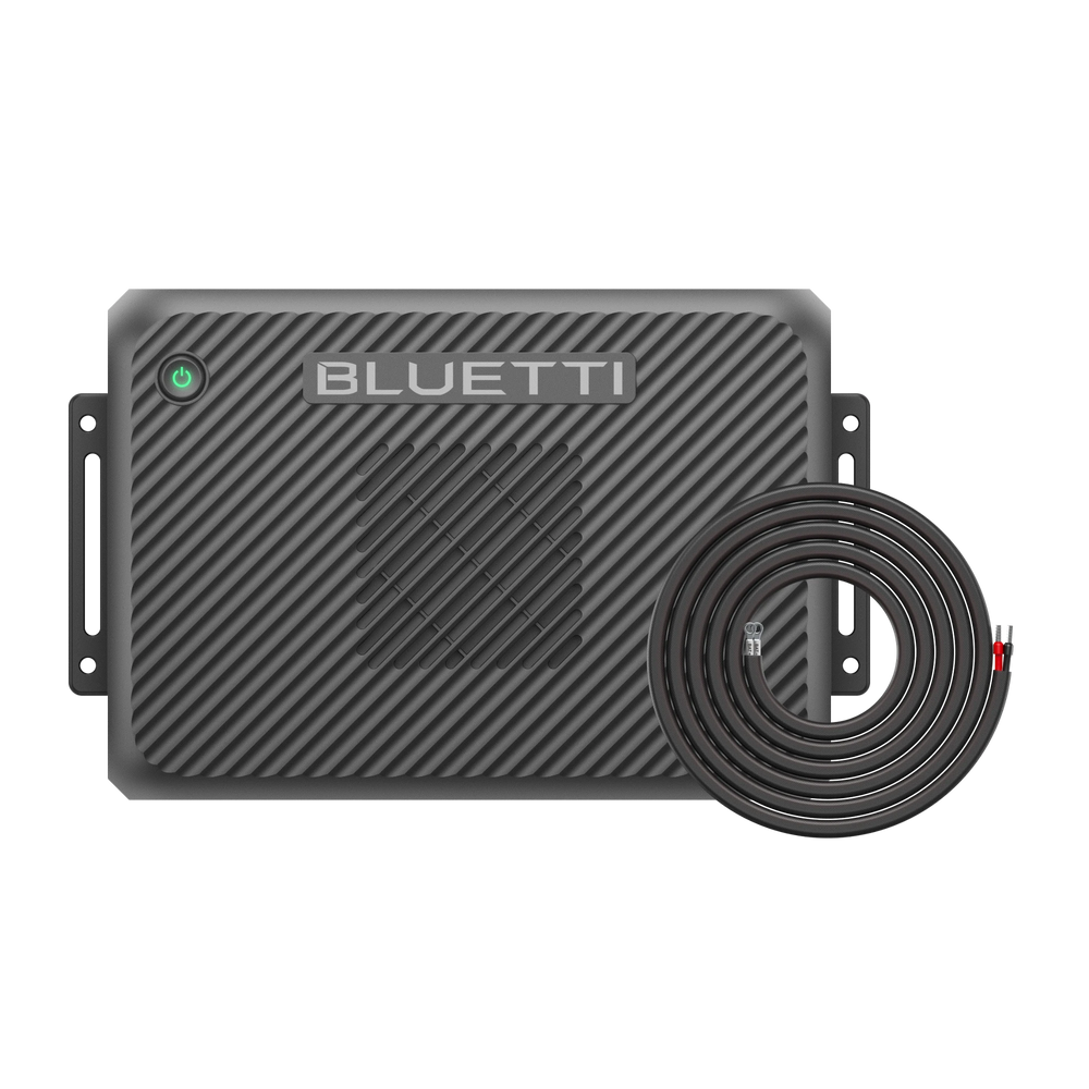 BLUETTI gray charger component with green power button and BATT+ cable.