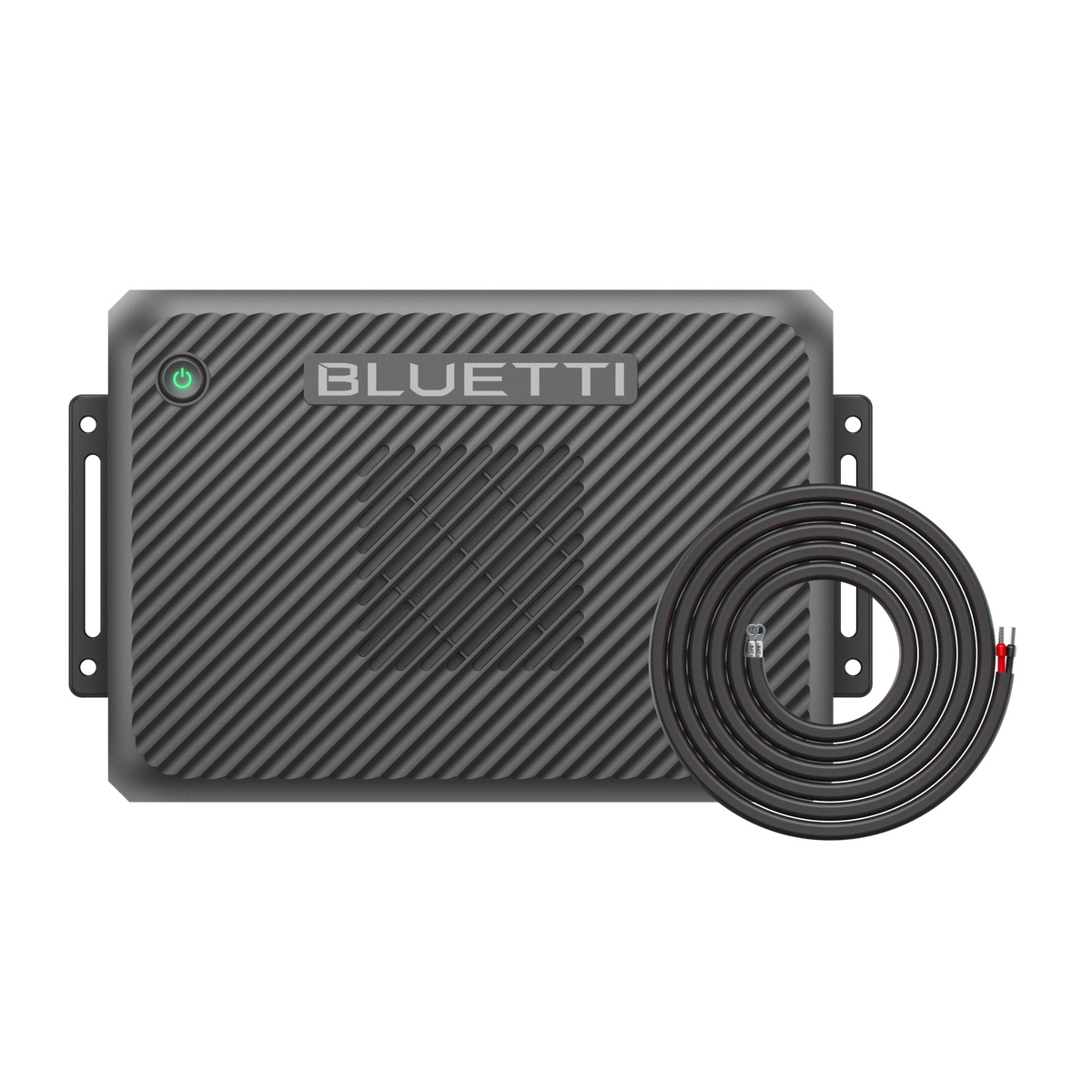 BLUETTI gray charger component with green power button and BATT+ cable.
