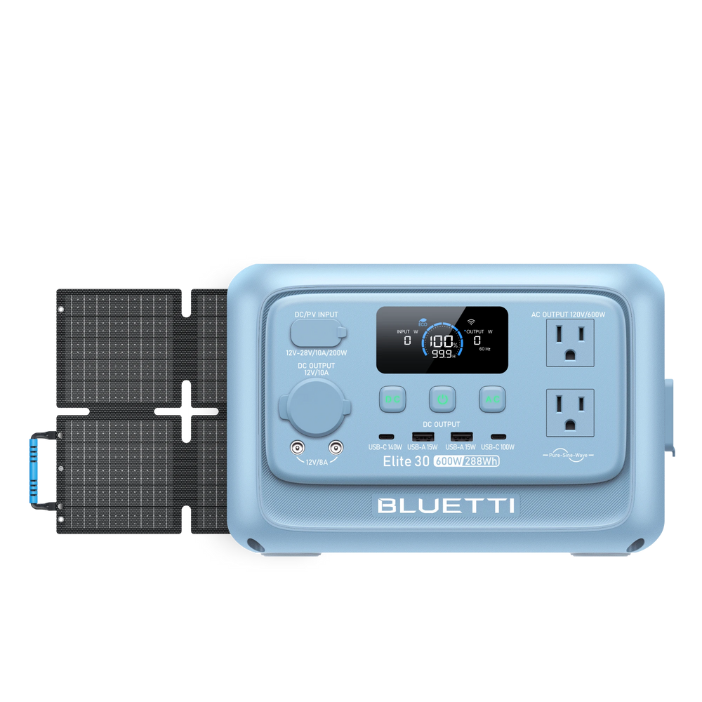 BLUETTI Elite 30 V2 portable power station in Glacier Blue, shown with a foldable solar panel.