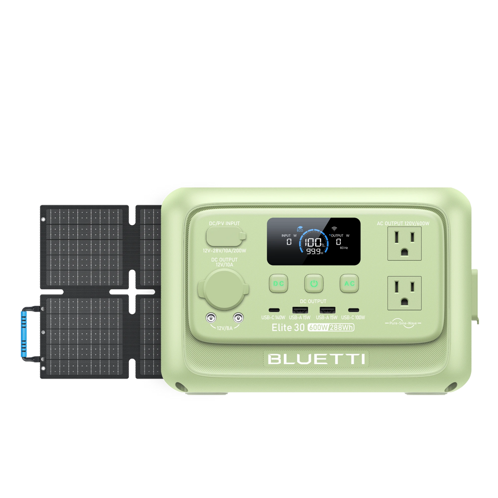 BLUETTI Elite 30 V2 600W 288Wh Meadow Green power station with solar panels.