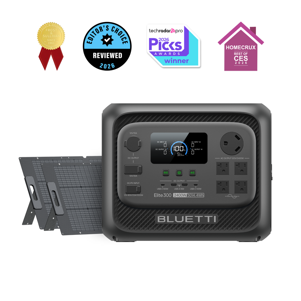 BLUETTI Elite 300 2400W 3014.4Wh power station and solar panels, winner of CES, TechRadar, Editor's Choice awards.