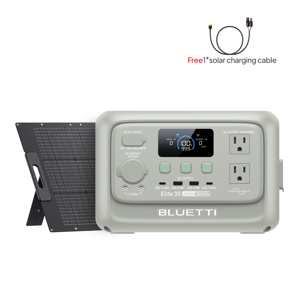 BLUETTI Elite 30 V2 100W power station, Light Sand Grey, with solar panel & free charging cable.