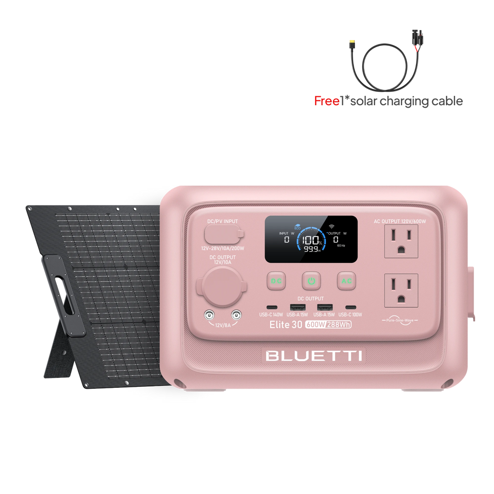 BLUETTI Elite 30 V2 blush pink power station, 600W 288Wh, with 100W USB-C & free solar cable.