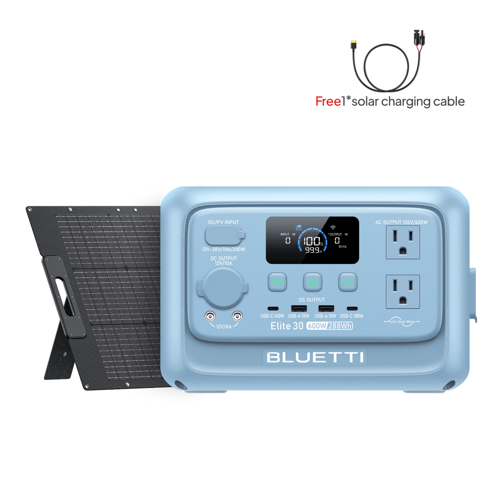 BLUETTI Elite 30 V2 portable power station, Glacier Blue, 600W, 288Wh, with solar panel.