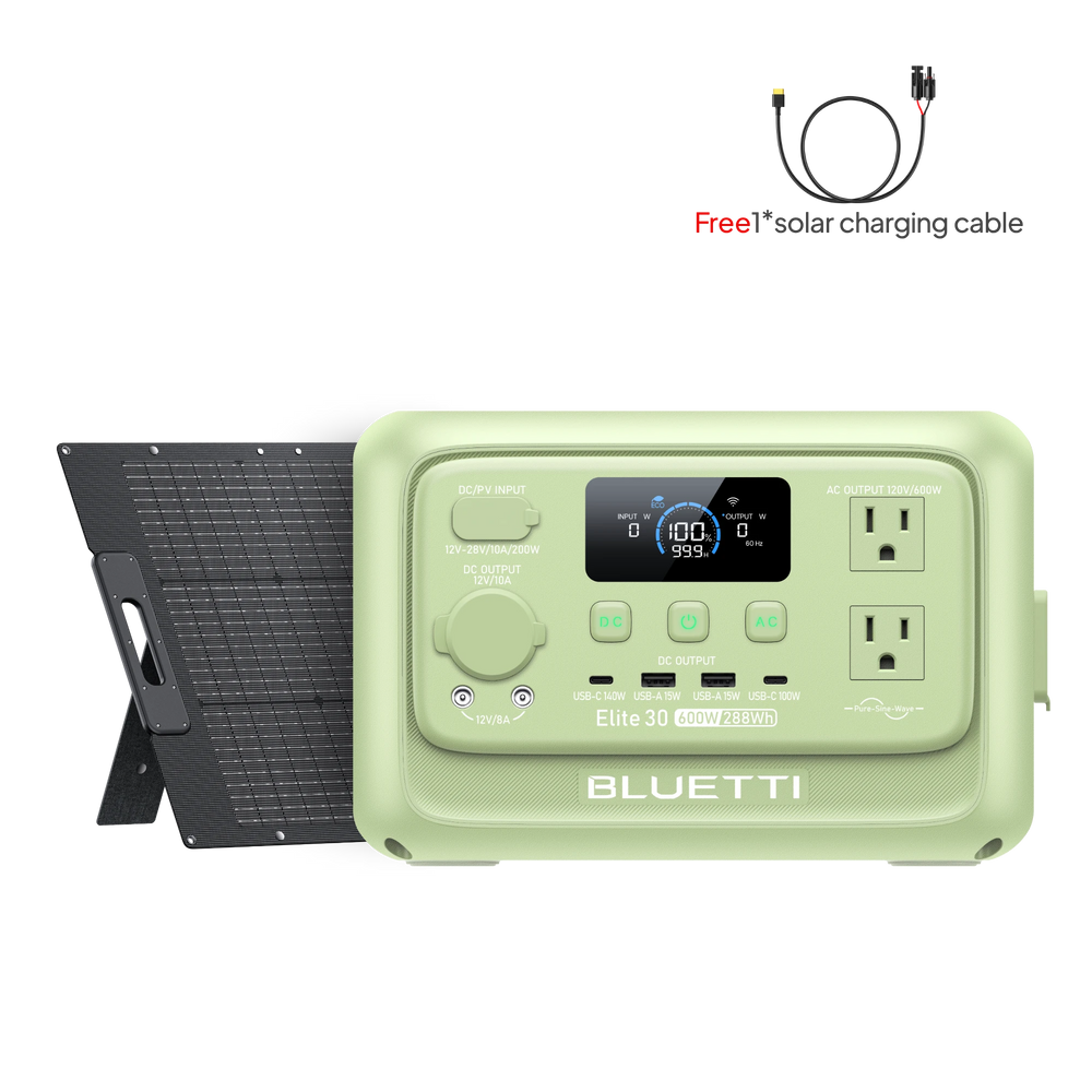BLUETTI Elite 30 V2 Meadow Green power station, 100W USB-C, solar panel, free charging cable.