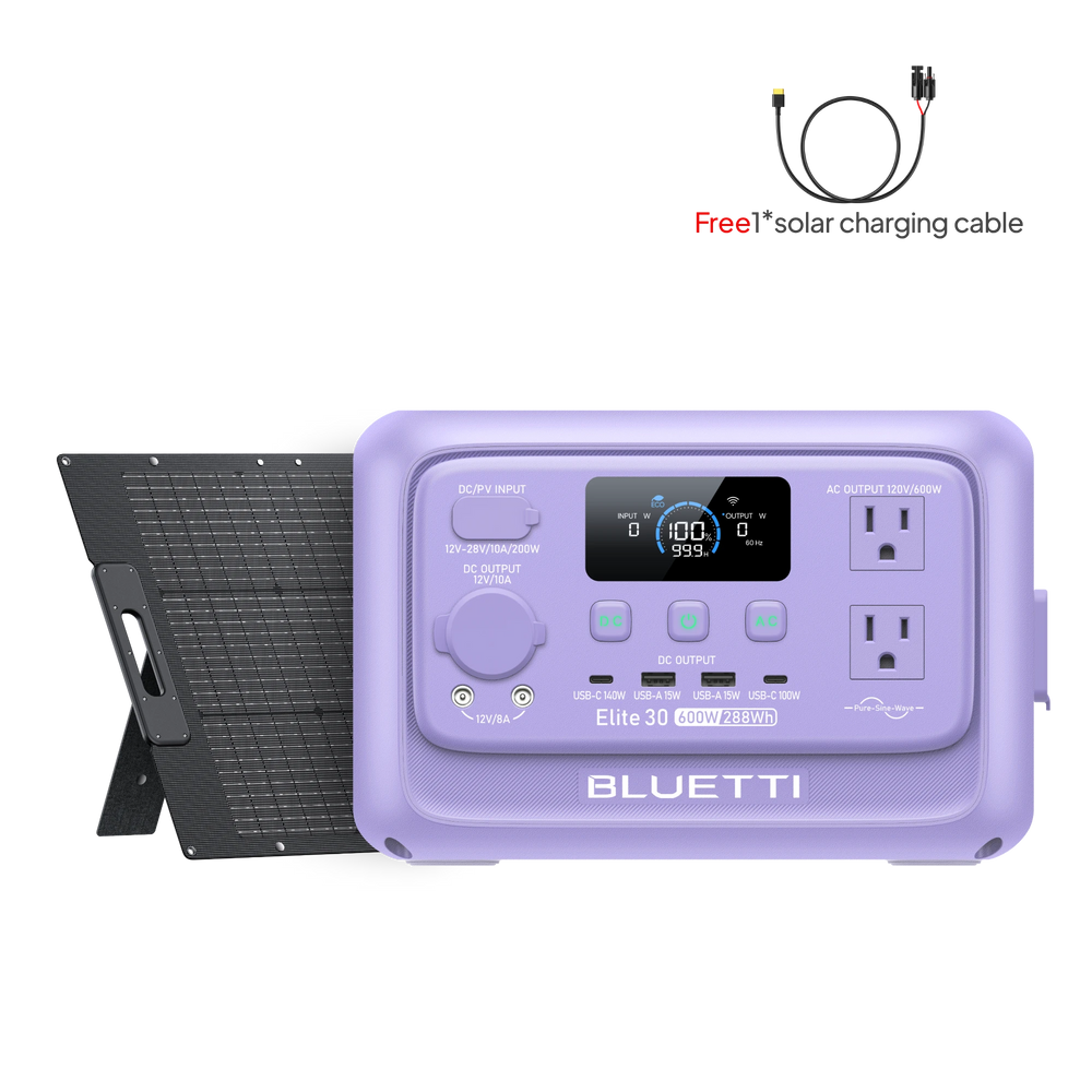 Twilight Glow Purple BLUETTI Elite 30 V2 600W 288Wh portable power station with solar panel and free cable.