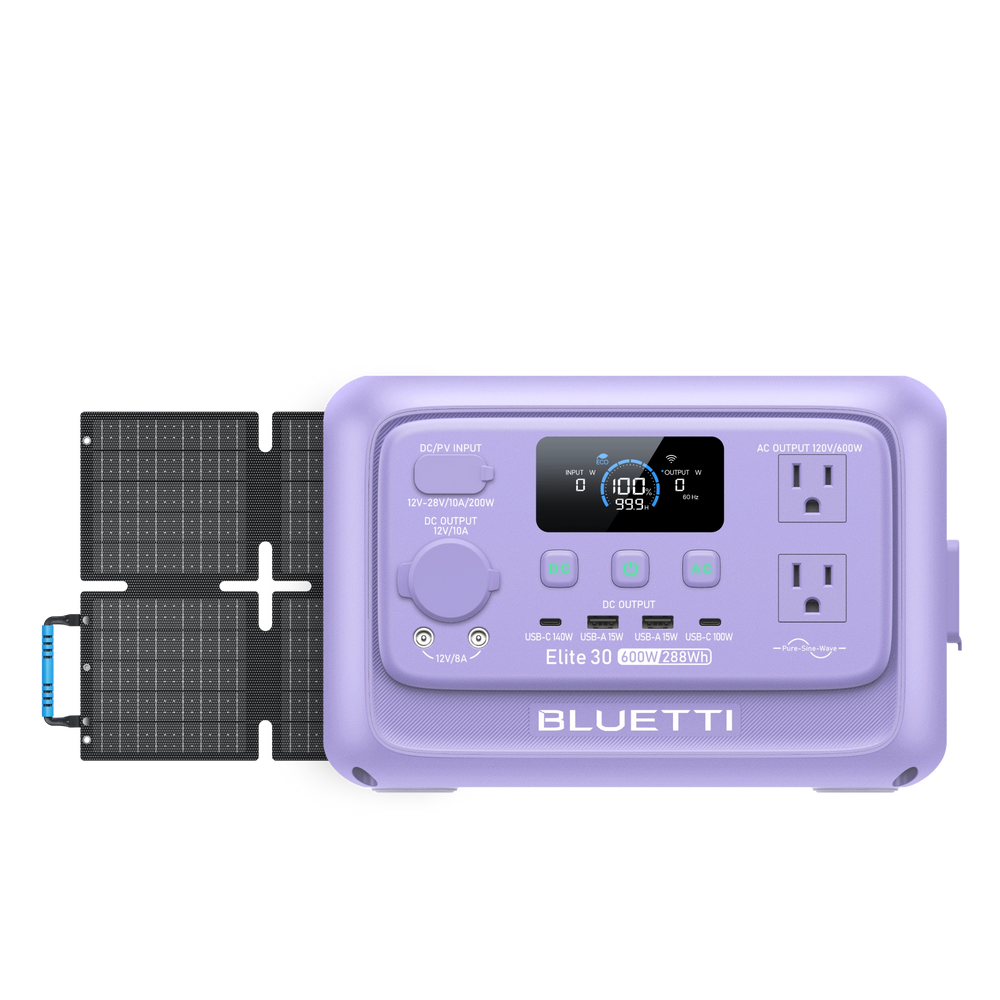 Twilight Glow Purple BLUETTI Elite 30 V2 (600W, 288Wh) portable power station & solar panel.