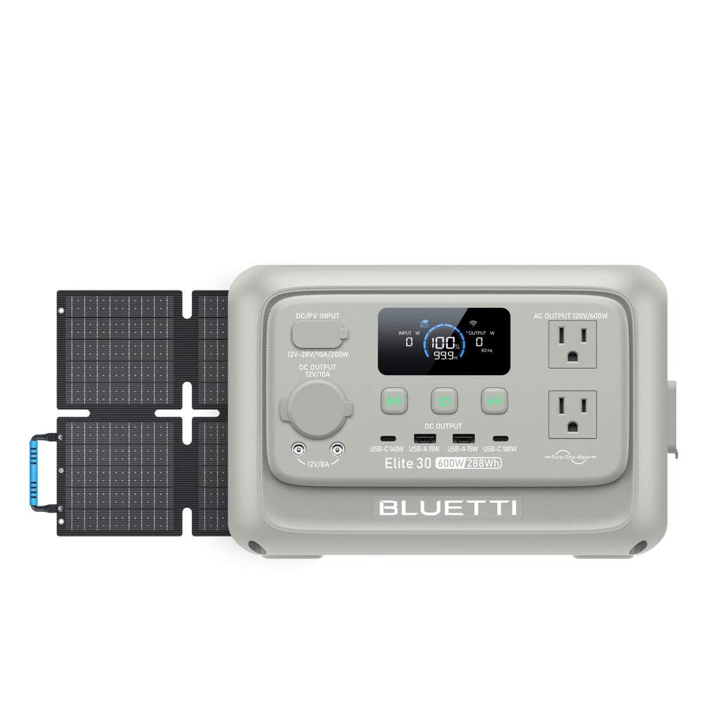 BLUETTI Elite 30 V2 light sand grey power station, 600W 288Wh, with foldable solar panels.