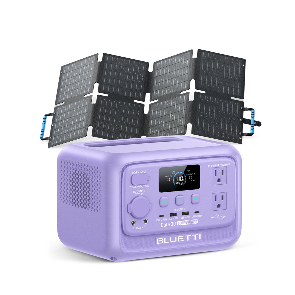 BLUETTI Elite 30 V2 lavender portable power station, 600W 288Wh, with solar panels.