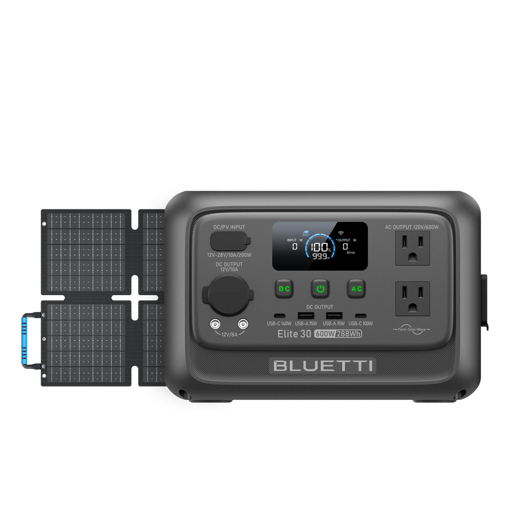 BLUETTI Elite 30 V2 portable power station and accompanying 60W foldable solar panels