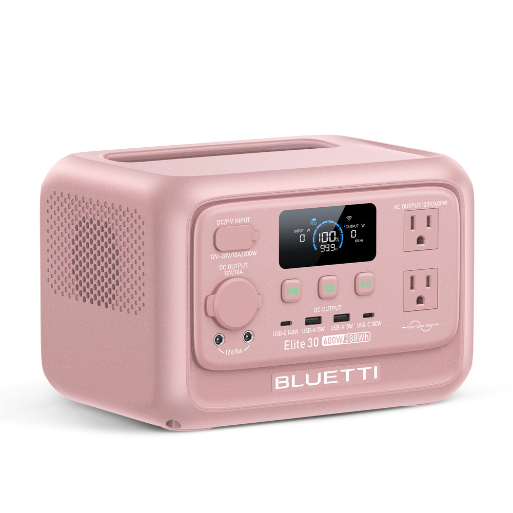 Pink BLUETTI Elite 30 V2 portable power station, 600W 288Wh, 100% charge display.