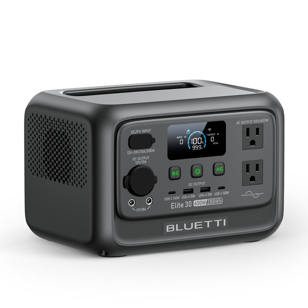 BLUETTI Elite 30 V2 portable power station, 600W 288Wh, 100% charged display, AC & USB ports.