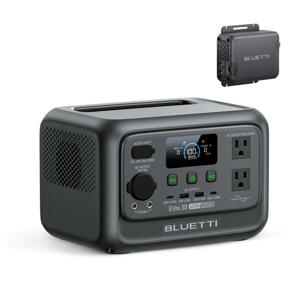 BLUETTI Elite 30 V2 portable power station, 600W 288Wh, black, with AC and USB ports and display.