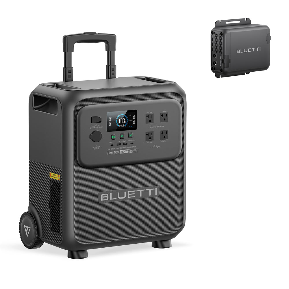 BLUETTI Elite 400 portable power station (2600W, 3840Wh) with retractable handle, wheels, and Charger 1 unit.
