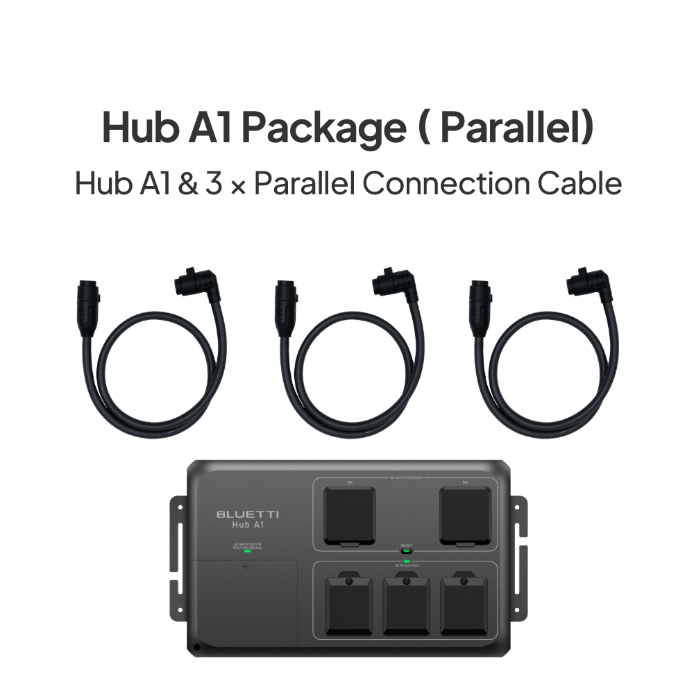BLUETTI Hub A1 power expansion package with three parallel connection cables.