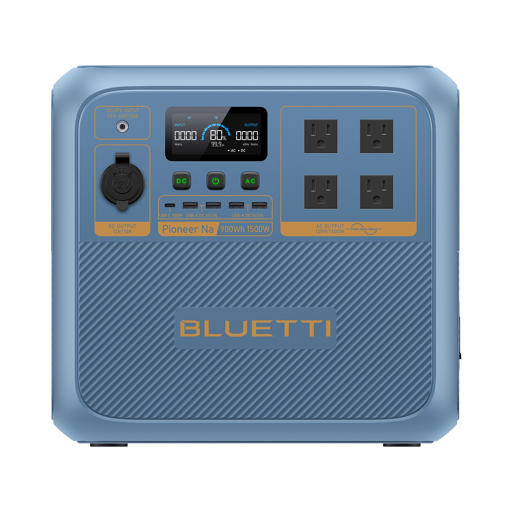 BLUETTI Pioneer Na sodium-ion power station, 900Wh 1500W, blue, with multiple ports.