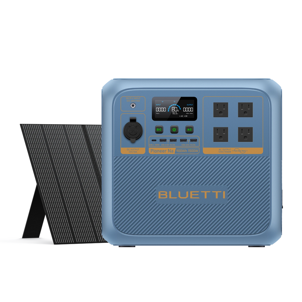 BLUETTI Pioneer Na sodium-ion portable power station with folded solar panel