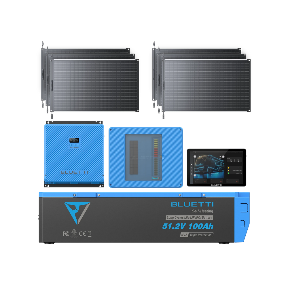 BLUETTI 51.2V 100Ah LiFePO4 battery system with RV5 inverter, solar panels, Epanel, tablet.