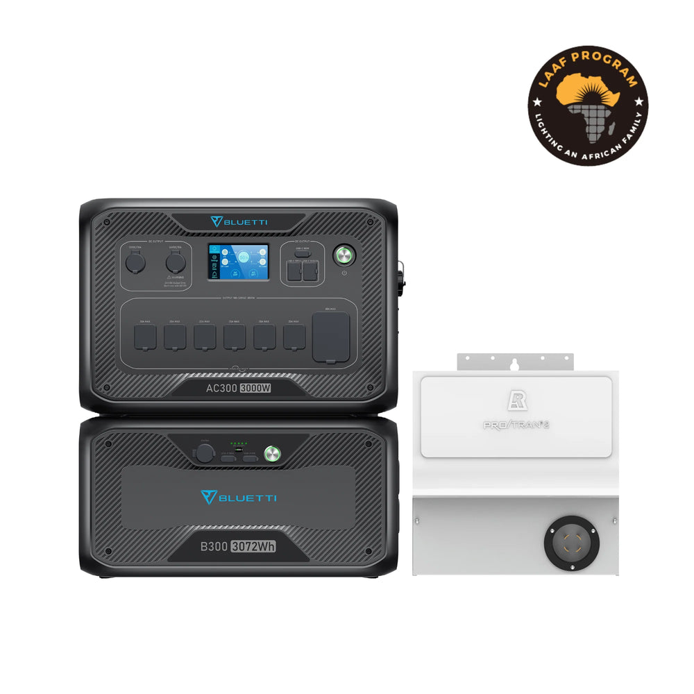BLUETTI AC300 3000W power station, B300 3072Wh battery, and Pro/Tran 2 home integration kit.