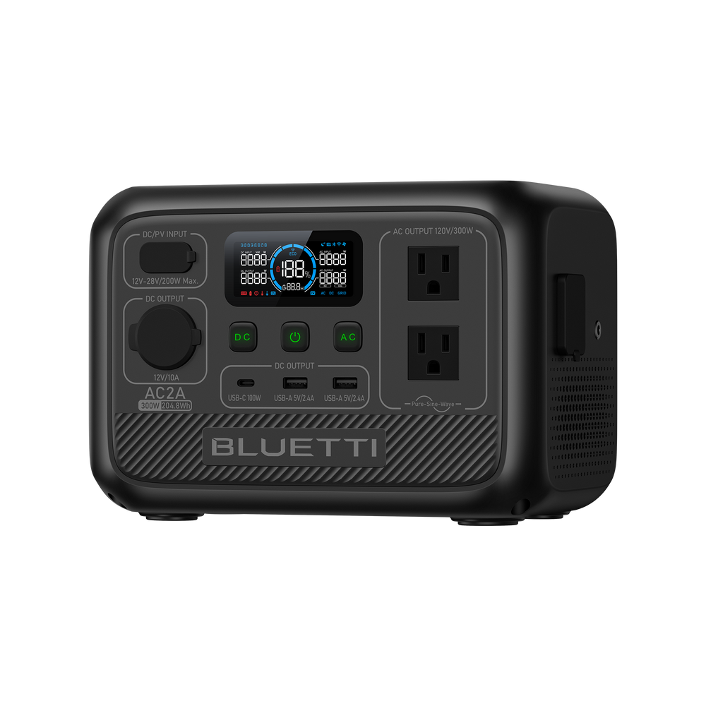 BLUETTI portable power station with 300W pure sine wave AC, 100W USB-C, 204.8Wh capacity.