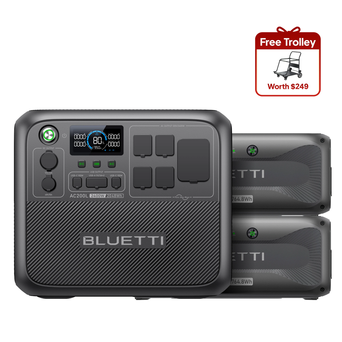 BLUETTI AC200L portable power station with two B300K battery modules and a free trolley offer.