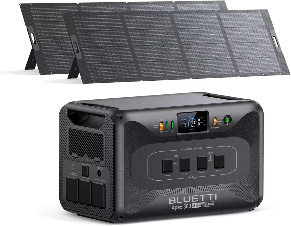 BLUETTI Apex 300 portable power station with two solar panels. 3840W, 2764.8Wh.