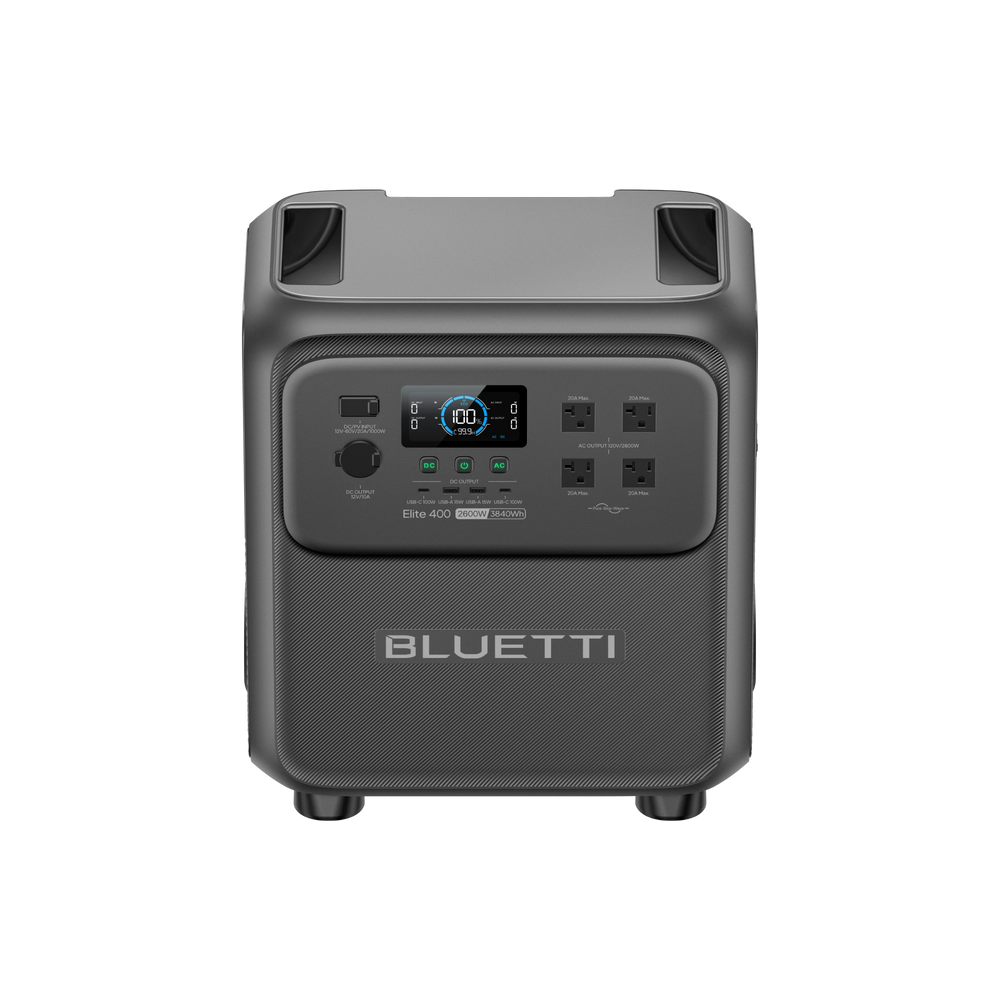 BLUETTI Elite 400 portable power station with 2600W AC output and 3840Wh capacity.