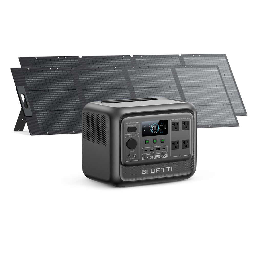 BLUETTI Elite 100 1800W portable power station with 1000W solar input and foldable solar panels.